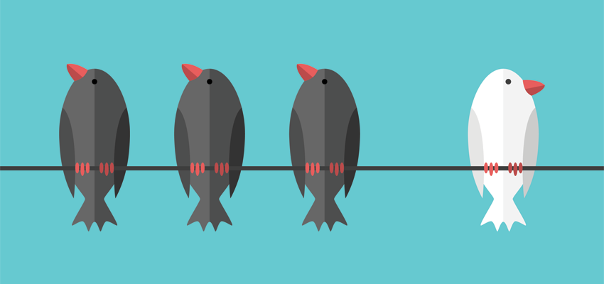 Illustration of three black birds on a wire and one white one