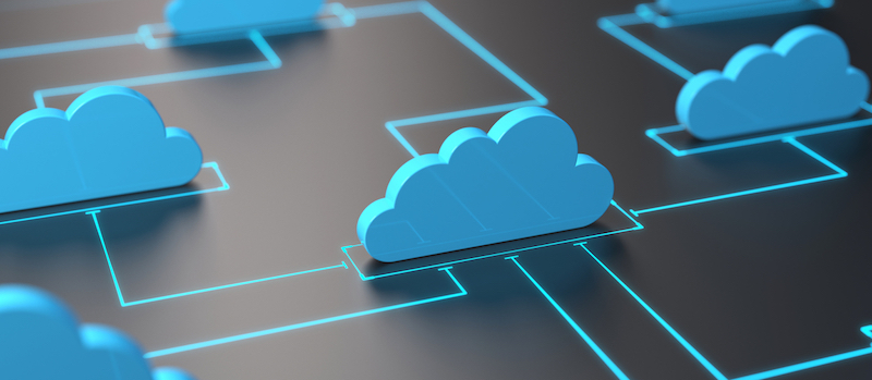 Illustration of flat, 3-D clouds on circuit board