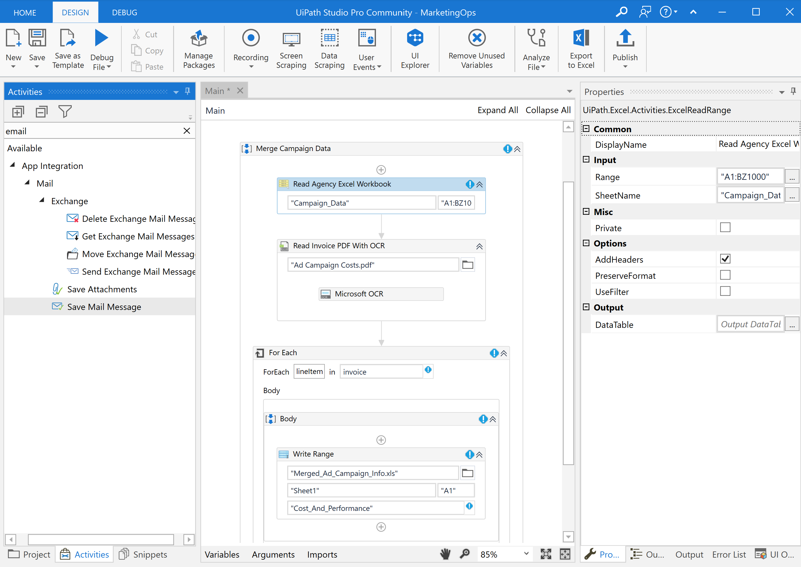 Screen shot of UIPath workflow designer